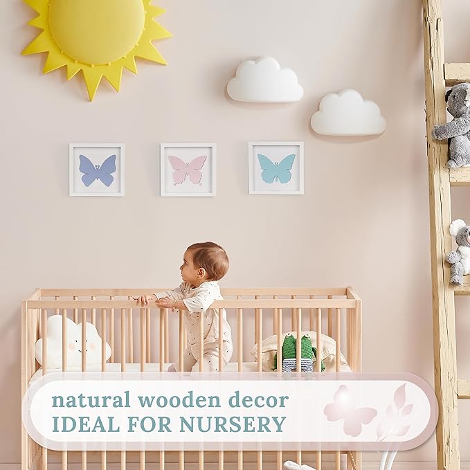 Tide and Tales 3D Butterfly Room Decor for Girls, Set of 3 (7”x7”) Framed Wooden Wall Art for Nursery, Nature-Inspired Bedroom Decorations, Butterfly Decor for Baby Girl, Perfect Baby Gift