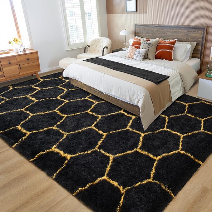 Meralax Hexagon Gold/Black Rugs for Living Room Bedroom, 5x8 Soft Area Rug Fluffy Shaggy Bedside Rug, Machine Washable Indoor Floor Carpet for Kids Boys, Dorms, Nursery Rooms, Home Decor Aesthetic