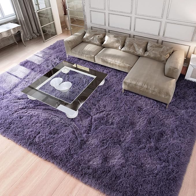 Merelax Soft Modern Indoor Large Shaggy Rug for Livingroom Bedroom Dorm Kids Room Home Decorative, Non-Slip Plush Fluffy Furry Fur Area Rugs Comfy Nursery Accent Floor Carpet 8x10 Feet, Grey-Purple