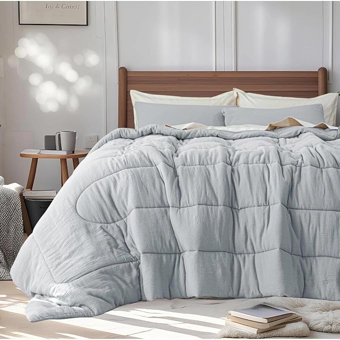 Simple&Opulence 100% Cotton Muslin Comforter Set Twin Size, 2PCS Washed Cotton Gauze Comforter, Soft Lightweight All Seasons Bedding Sets with 1 Pillow Sham(Light Blue,Twin)