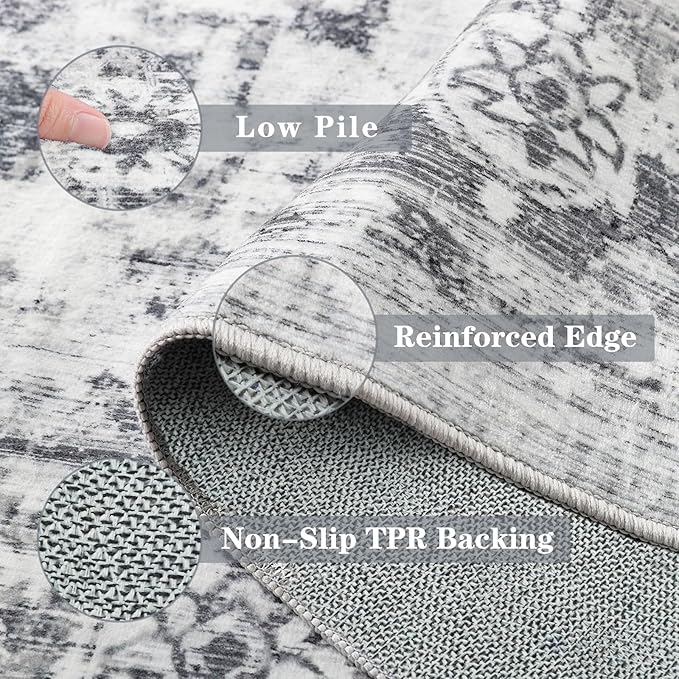 Area Rug 6x9, Washable Rug for Living Room, Large Area Rugs for Bedroom, Vintage Rug 6x9 for Dining Room, Non Slip Soft Low Pile Indoor Carpet for Kitchen, Nursery, Office, Farmhouse, Grey