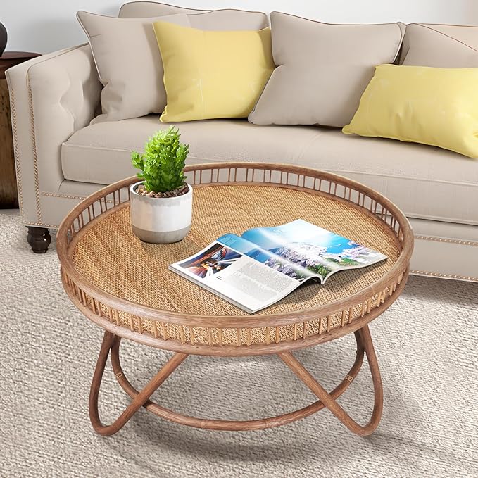 FINECASA Boho Rattan Coffee Table Round, Handwoven Modern Style Round Wicker Coffee Table for Living Room,32x18 '' Brown