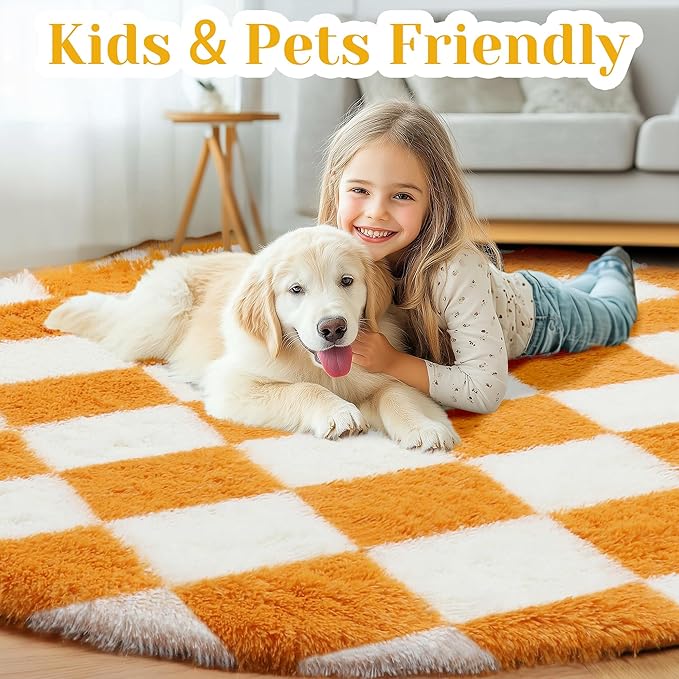 KICMOR Round Rug 4ft Orange and Cream White Circle Area Rug, Fluffy Soft Fuzzy Shag Shaggy Bedroom Living Room Carpet, Indoor Checkered Circular Rug for Kids Boys Girls Home Decor Aesthetic, Nursery