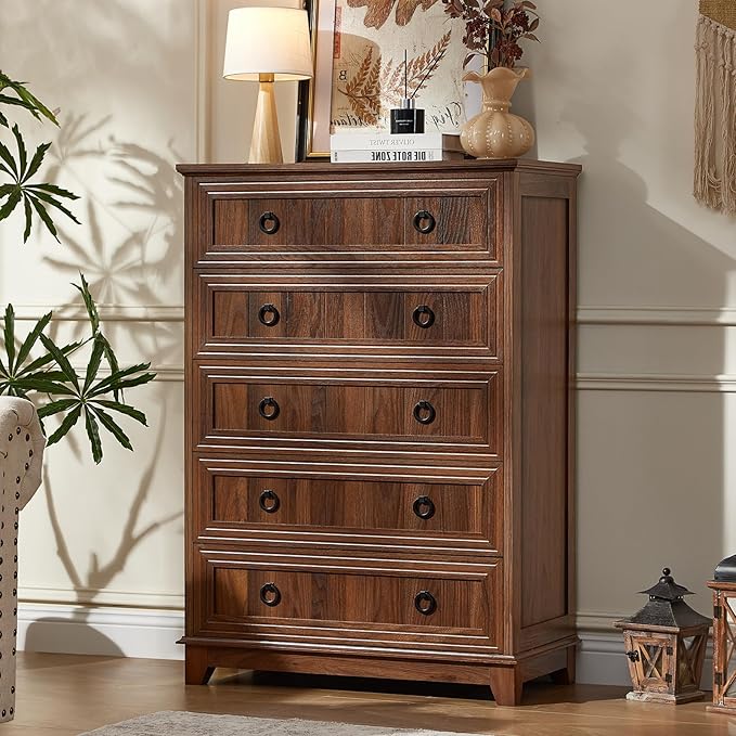 Farmhouse 5 Drawer Dresser for Bedroom, 42" Tall Small Dressers & Chest of Drawers, Rustic Wood Dresser with Metal Handle, Storage Organizer Closet for Living Room, Hallway, Entryway
