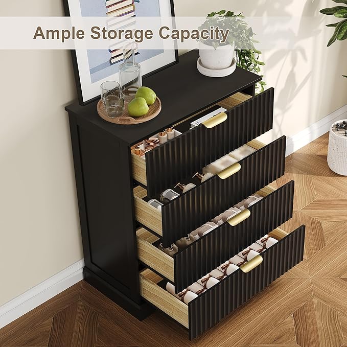 Fluted Dresser with 4 Drawers for Bedroom, 36.6" Tall Dresser with Metal Handle, Wooden Chest of Drawers for Bedroom, Living Room, Entryway, Black