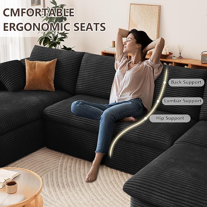 136" Cloud Modular Sectional Sofa with 1 Ottoman, Modern Upholstered Corduroy Couches, Comfort U Shaped Sofa for Living Room, Deep Seat Boneless Couch, No Assembly Required(Black,Left Facing Chaise)
