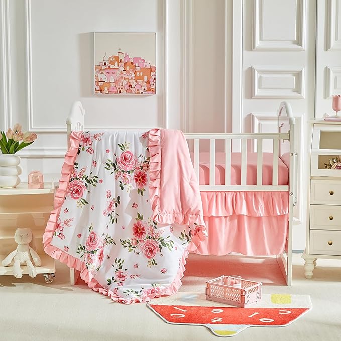 3 Pieces Flowers Mini Crib Bedding Set Baby Ruffled Quilted Comforter with Fitted Sheet and Bed Skirt - Cute Ruffled Shabby Chic Baby Bedding Soft Blanket Floral Design Only for Min Crib