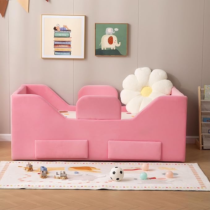 Toddler Bed Frame with 2 Drawer and Storage Bag, Kids Bed with Removable Safety Rails, Standard Crib Size Portable Beds, Safety Upholstered Child Beds for 1-6 Years Old