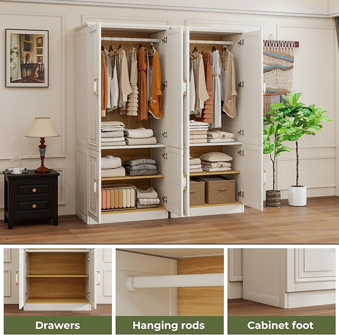 Solid Wood Wardrobe Closet:TemkTuek 70.87" Armoire,Clothing Storage Cabinet with Mirror,Doors,Shelves and Hanging Rails,Vintage Freestanding,Bedroom,White(18-18)