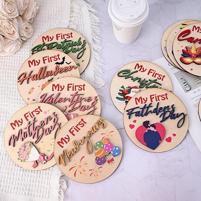 My First Holiday Baby Milestone Cards Wooden Circles New Baby Sign My First Halloween/Christmas/Birthday Decorative Keepsake Signs with Storage Bag