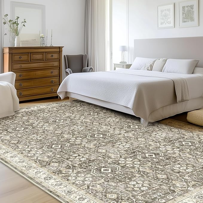 WITSHOCK Living Room Area Rugs 9x12: Washable Rug Boho Soft Non-Slip Low Pile Stain Resistant Foldable Carpet for Bedroom Playroom Dining Room Office Kitchen Farmhouse Home Decor Rug-Brown/Beige