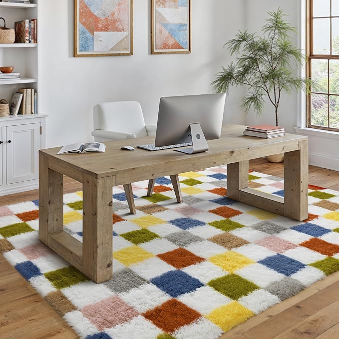 Checkered Rug 5x7 for Living Room, Colorful Modern Shag Rug Super Soft Washable Indoor Fuzzy Carpet Non-Slip Fluffy Rugs for Bedroom Home Aesthetic Decor