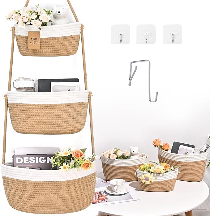Hanging Storage Baskets, 3-Tier Over the Door Basket, Cotton Wall Baskets Storage, Detachable Hanging Door Basket with 4 Hooks, Over the Door Organizer Nursery for Bedroom, Living Room, Bathroom Wall