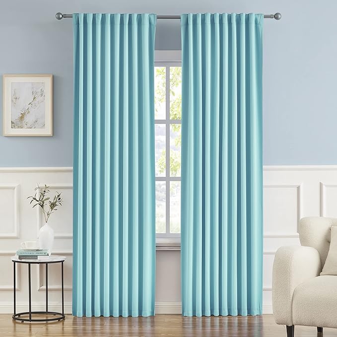 DUALIFE Aqua Color Curtains for Bedroom Ocean Coastal Decor Rod Pocket Back Tab Window Treatment Panels Room Darkening Drapes for Living Room 52 x 72 Inch, Aqua Blue, 2 Panels Set