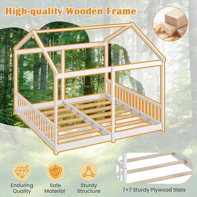 Giantex Double Twin Floor Beds for 2 Kids, Wood Montessori Bed with Fence & Roof, Wooden Slat Support, Easy Assemble, No Box Spring Needed, for Twins, Girls, Boys, White