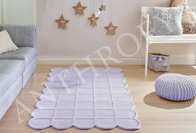Selena Scallop Area Rug – 4’ x 6' – Handmade Wool Area Rugs – Purple – Rugs for Living Room, Bedroom – Anti-Skid – Carpets with Non-Slip Natural Backing with 100% Cotton