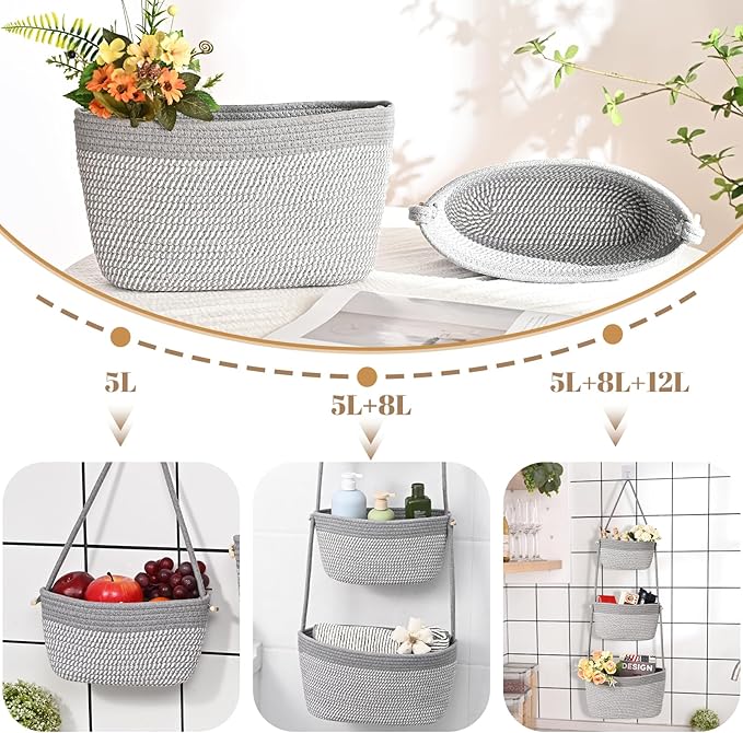 Hanging Storage Baskets, 3-Tier Over the Door Basket, Cotton Wall Baskets Storage, Detachable Hanging Door Basket with 4 Hooks, Over the Door Organizer Nursery for Bedroom, Living Room, Bathroom Wall