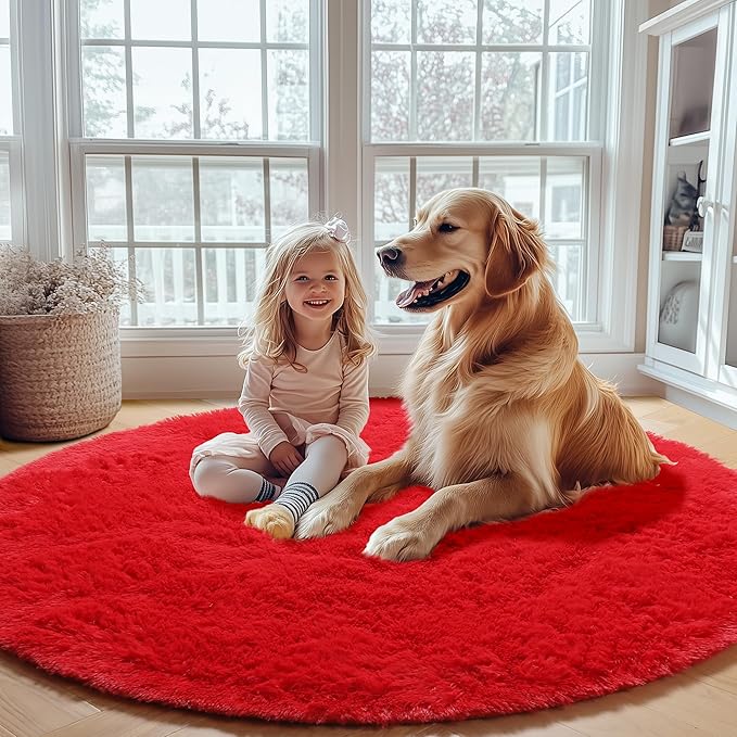 ONASAR Red Round Area Rug 4x4, Soft Bedroom Circle Rugs Floor Mat for Kids Girls Teen Room, Kawaii Fluffy Plush Shaggy Carpet for Nursery Living Room Playroom Christmas Home Decor Princess Castle