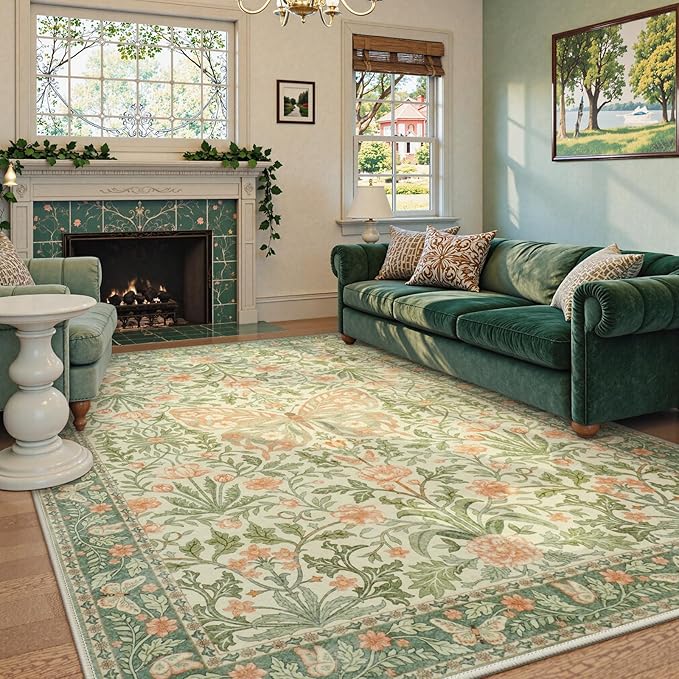 Collive 8x10 Butterfly Rugs for Living Room, Vintage Insect Girls Bedroom Area Rug Washable, Boho Floral Non Slip Large Floor Carpet for Dining Room Kids Room, Grass Green