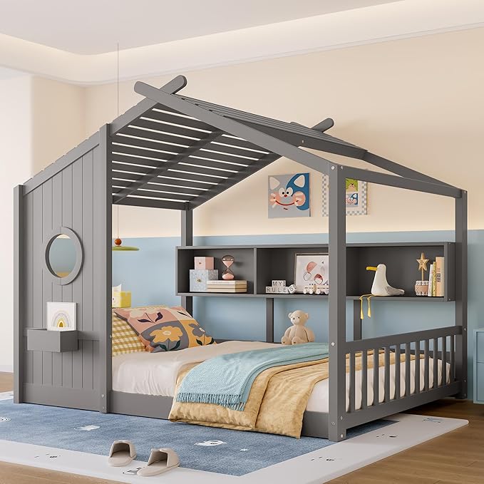 Full Size House Bed with Storage Shelves for Kids,Kids Montessori Floor Bed, Cute Wood House Bed Frame Full with Roof for Girls,Boys,Can be Decorated,Gray