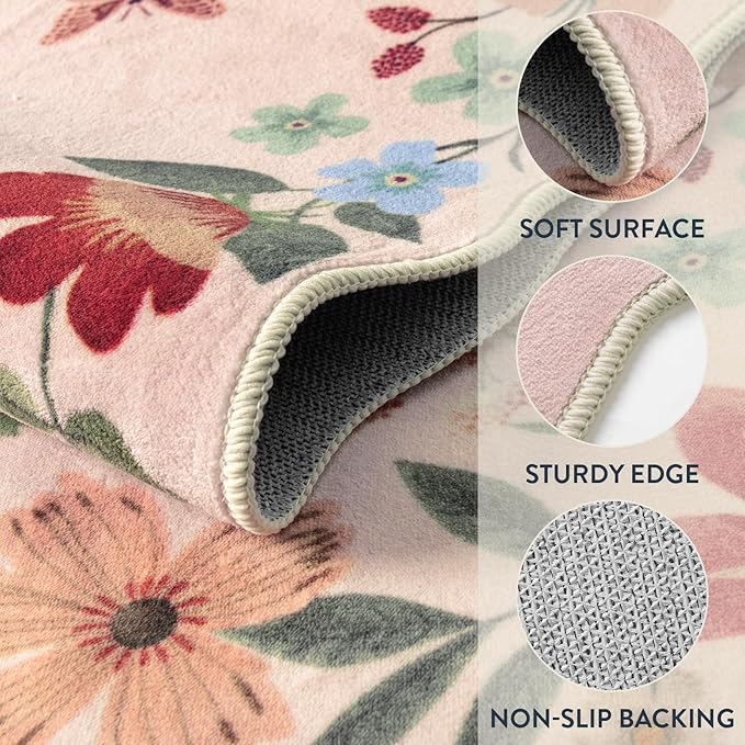 Lahome Floral Pink Rugs for Entryway, 2X3 Washable Kitchen Rug Non Slip, Ultra-Thin Indoor Door Mat Stain Resistant Boho Small Carpet for Bathroom Bedroom(2x3ft,Light Pink)