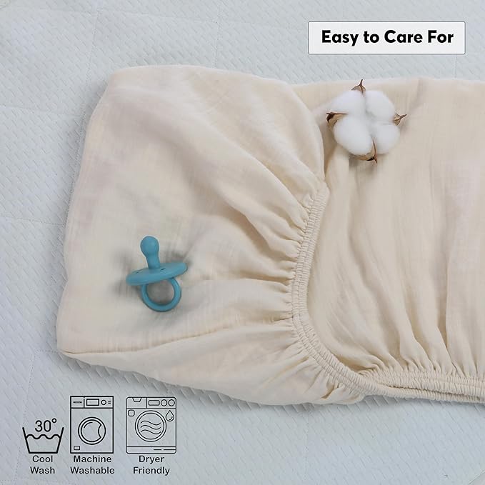 Muslin Baby Crib Sheets Fitted -Crib Sheets Neutral Turkish Cotton, Ultra Soft &Breathable -Organic Cotton Crib Sheets for Boys&Girls, GOTS&Oeko-TEX® Certified (52x28, Vanilla Ice Cream&Minty Green)