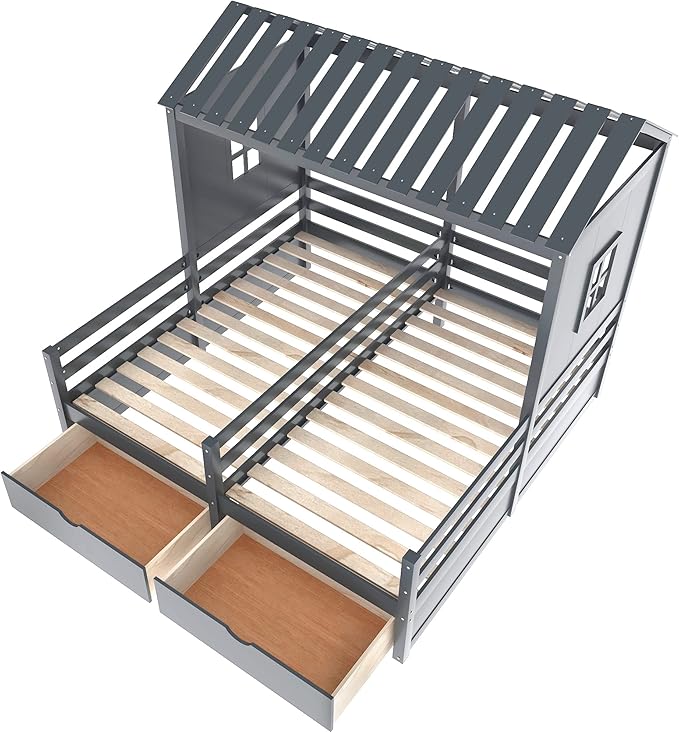 P PURLOVE Twin Double Shared Bed,Twin Size House Platform Beds with Two Drawers for Boy and Girl Shared Beds, Montessori House Bed Frame Combination of 2 Side by Side Twin Size Beds,Gray