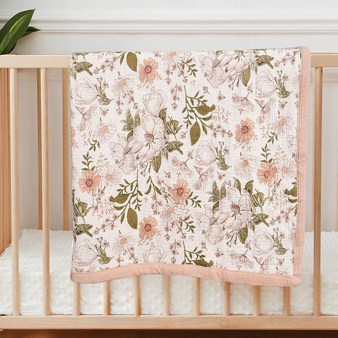 Little Jump 2 Layers Muslin Cotton Baby Blankets - Vintage Floral Toddler Quilt Crib Blanket - Gender Neutral Crib Blanket for Baby Boys and Girls 47"x 47" (Vintage Blossom)
