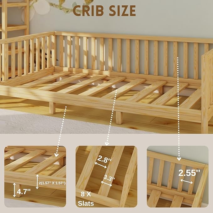 Montessori Floor Bed Designed with Open Front and Footed Model for Girls and Boys | Pine Wood Natural Solid Frame Beds with Slats | Sturdy Designed Floor Bed Frame for Kids (Crib, Height : 23 Inches)