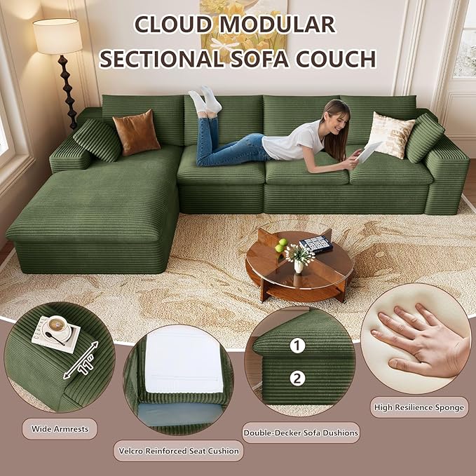 136 Inch Cloud Sectional Couch, Modern Modular Sectional Sofa with Deep Seat, Corduroy Boneless Couches with L-Shape Chaise for Living Room Bedroom, No Assembly Required (Green, Left Facing Chaise)