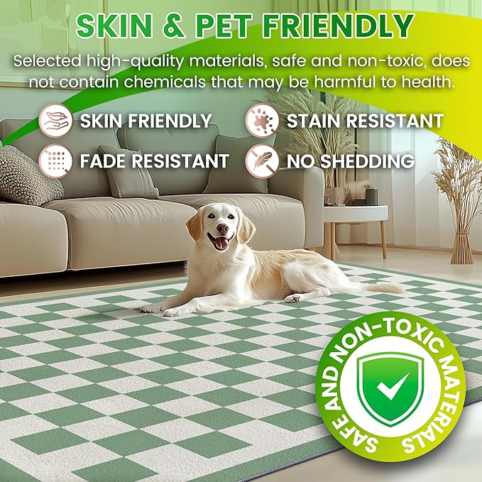 Washable 9x12 Checkered Area Rug for Living Room, Sage Green Checkerboard Modern Boho Large Rugs, Ultra Thin Low Pile Lightweight Indoor Carpet with Non-Slip Backing for Bedroom Kids Nursery Playroom