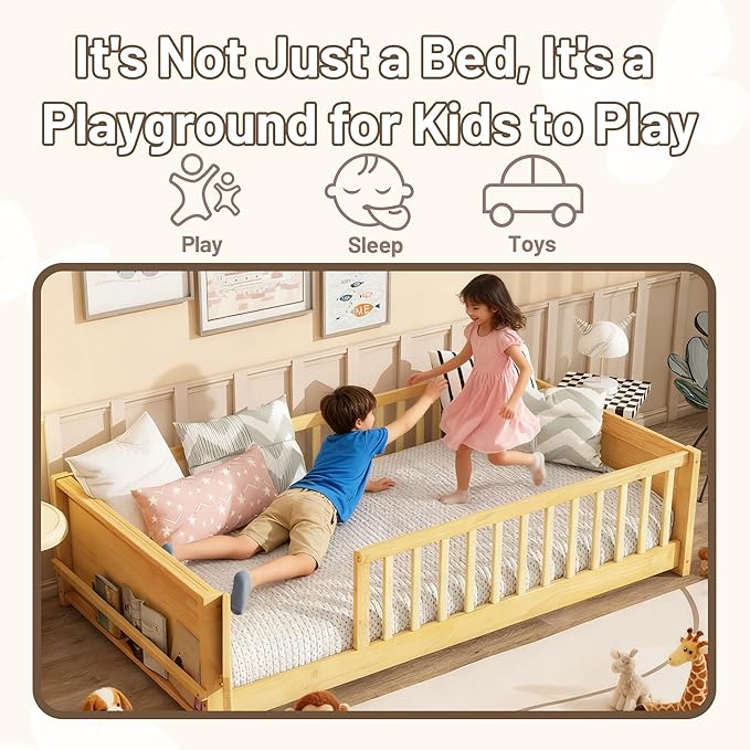 Twin Toddler Floor Bed with High Rails, Wooden Montessori Bed Frame with Door & Built-in Book Rack, Twin Size Bed Frame for Kids, Boys and Girls, Natural