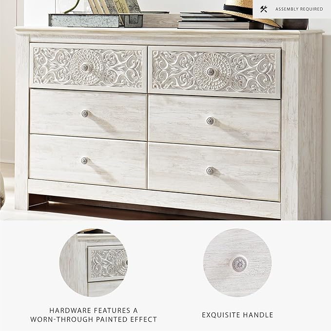 Signature Design by Ashley Paxberry Boho 6 Drawer Dresser, Smooth-gliding Faux Laminate Lined Drawers, Wood, 61.26" W x 15.83" D x 40" H, Whitewash