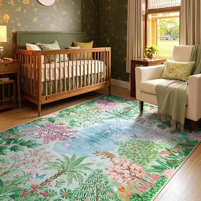 Lahome Spring Jungle Carpet, Green Bedroom Rug 8x10 Under Bed, Large Washable Rugs 8x10 for Living Room, Spring Botanical Non Slip Non Shedding Kids Playroom Floor Carpet for Office Dining Room Decor