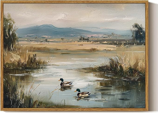 ARPEOTCY Vintage Framed Canvas Wall Art, 12x16inch, Farmhouse Mallard Duck Pond Wall Decor, Country Art Prints Home Decorations, Landscape Paintings for Living Room Bedroom Shelf Decor