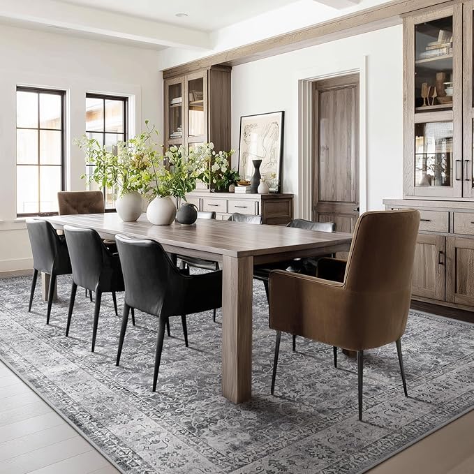 Vintage Grey 8x10 Area Rugs for Living Room, Retro Gray Neutral Rug for Bedroom Dining Room, Low Pile Thin Washable Non Slip Room Rug for Home Office Family Room