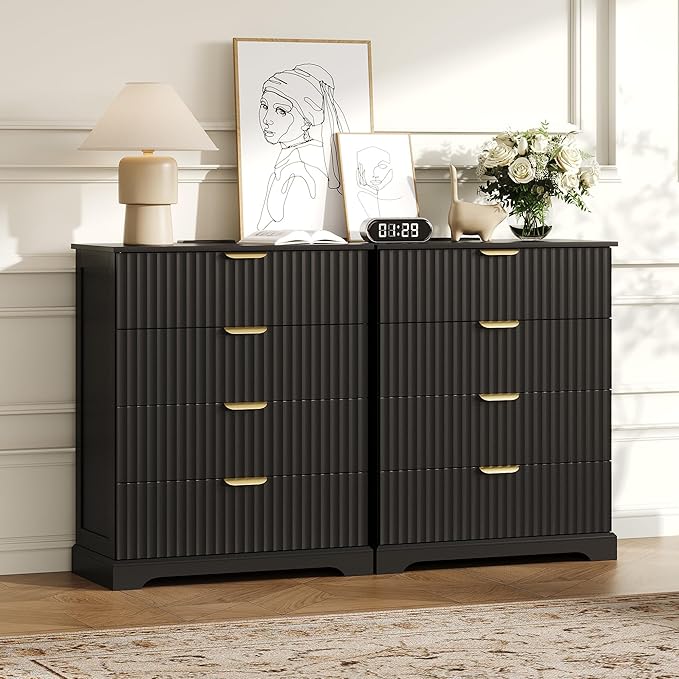 Fluted Dresser with 4 Drawers for Bedroom, 36.6" Tall Dresser with Charging Station, Wooden Chest of Drawers for Bedroom, Living Room, Entryway, Black