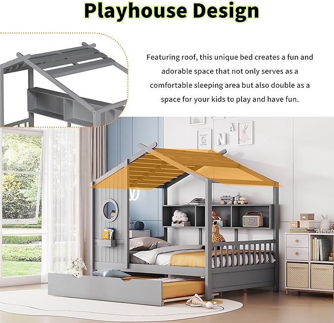 Linique Wooden Full Size House Bed with Trundle and Storage Shelf,Modern Design Full Platform Bed Frame with Pitched Roof(Gray)
