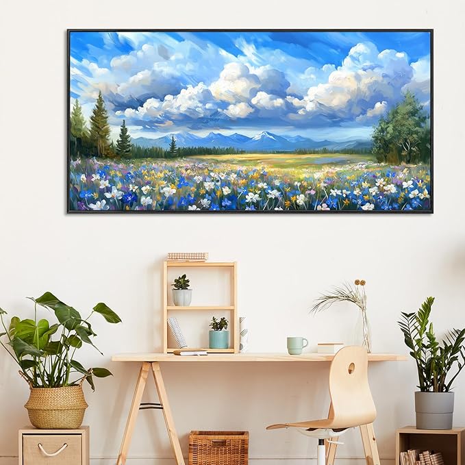 Framed Natural Landscape Wall Art for Living Room, Large Mountain Wildflower Canvas Artwork for Walls Decor, Farmhouse Nature Colorful Flower Paintings Prints for Bedroom Office Decoration 28"x58"
