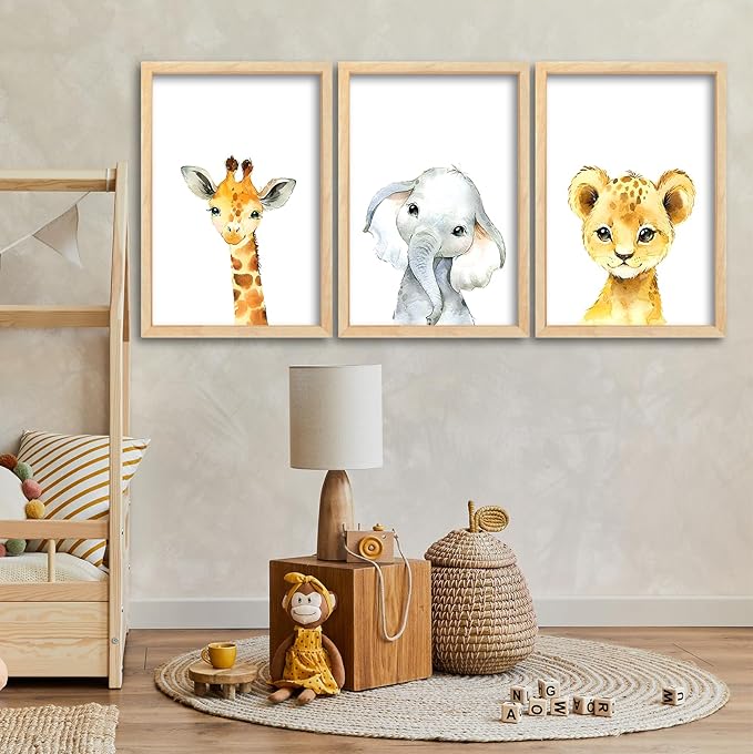 Surfapans Nursery Cute Animal Sign Wall Decor 24"x16" Set of 3 Lion Giraffe Elephant Prints Wooden Framed for Baby Child Children's Room Wall Art (Wood)