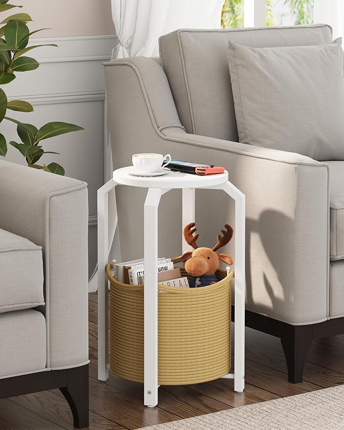 TUTOTAK Small Side Table, Round End Table, Night Stand, Bedside Table, Sofa Table with Storage Basket, Living Room, Bed Room, White and Beige TB01BWN092