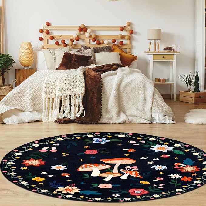 6' Machine Washable Round Area Rug, Non-Slip Vintage Floral Circle Floor Rugs for Kids, Low Pile RoomCarpet for Living Room, Bedroom, Dining Room & Nursery(6' Black Mushroom)