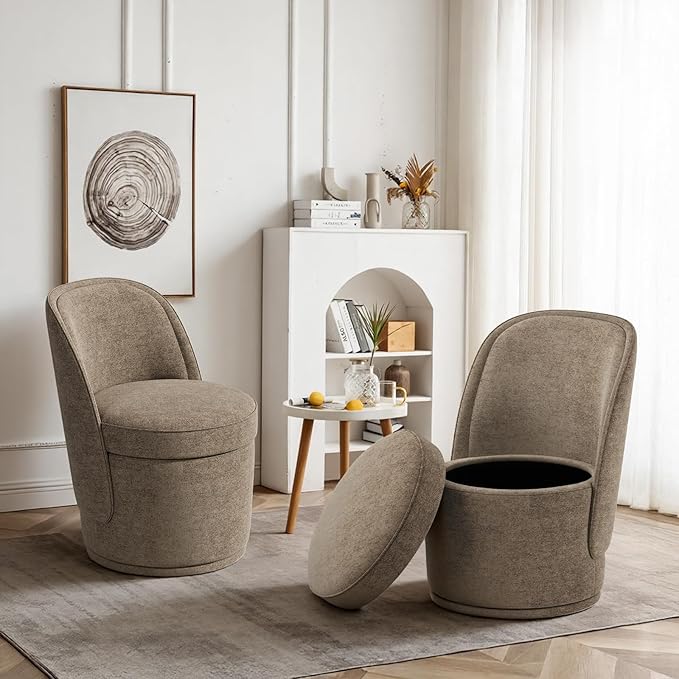 Swivel Accent Chair Set of 2, 360° Swivel Round Chair with Hidden Storage, Modern Small Barrel Armchair for Living Room/Bedroom, Brown