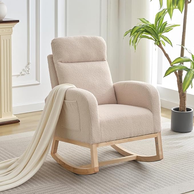 Rocking Chair Nursery, Modern Upholstered Glider Rocker with Side Pocket, Upholstered Lounge Chair with Solid Wood Base for Relaxin, for Living Room, Bedroom