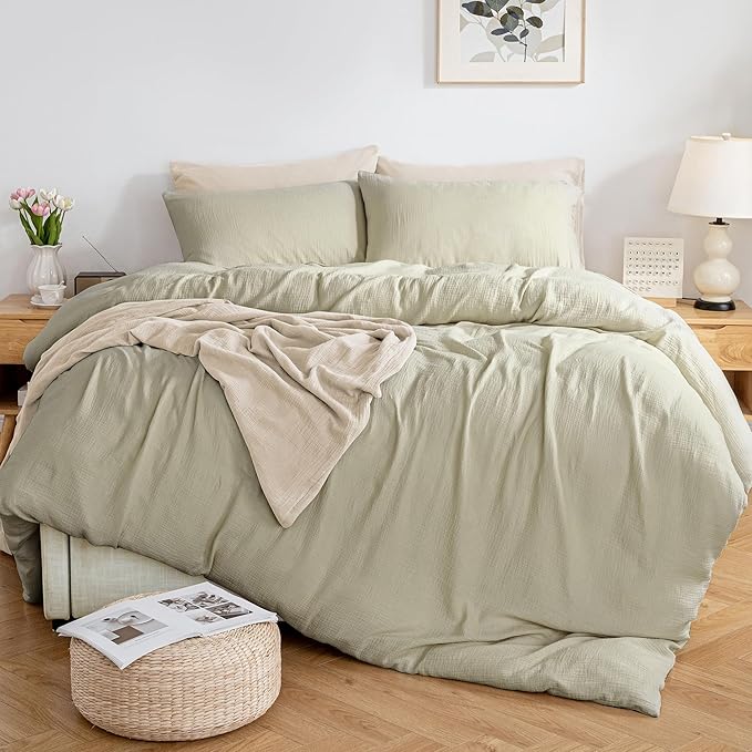 MILDLY Muslin Duvet Cover Queen - 100% Washed Cotton Linen Like Gauze Comforter Cover 3 Pieces Breathable & Lightweight for All Season