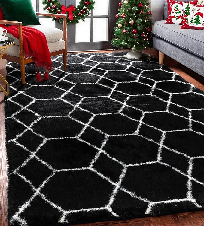 ONASAR Area Rugs for Bedroom Living Room, Fluffy 4x6 Black and White Rug, Geometric Washable Shaggy Plush Bedside Indoor Floor Carpet for Nursery Kids Teens Girls Boys Dorm Home Office Decor