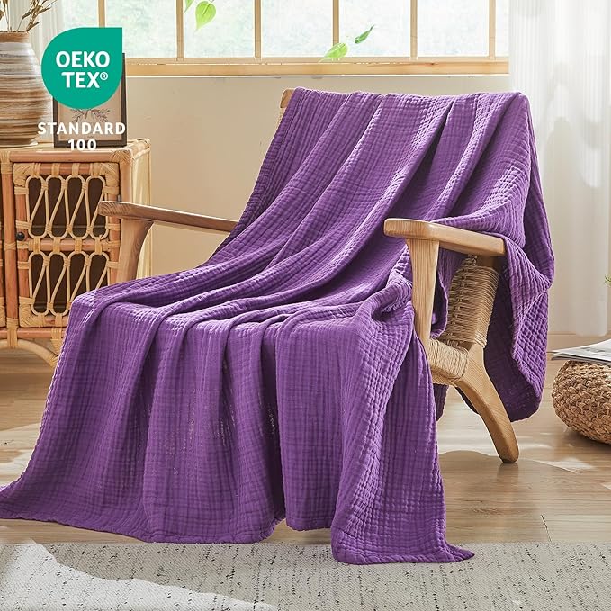 EMME Cotton Muslin King Blanket Big Oversized Bed Layering Bedspread Coverlet Breathable Gauze Soft Lightweight Blankets (Purple, 120"x94")