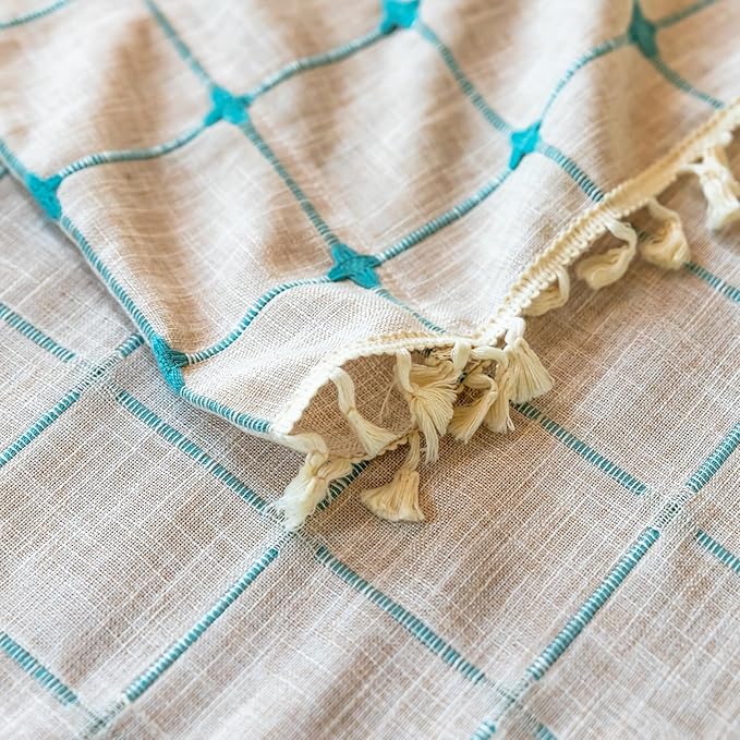 Deeprove Boho Curtains 63 Inches Length for Kitchen Cafe, Cotton Linen Plaids Beige Turquoise Teal Embroidery Semi Blackout Bohemian Farmhouse Window Treatment Grids Drape Tassels, 1 Panel W52 x L63