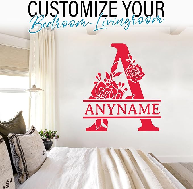 Custom Name Wall Decal Personalized Floral Alphabet Letter Name Transparent DTF Vinyl Removable Nursery Wall Decals for Kids Room, Teen Bedroom, Car, Cute Home Decor Gifts