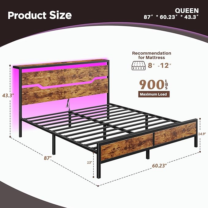 Queen Bed Frame with LED Lights & Charging Station, Bed Frame Queen Size with Headboard,13" Under Bed Storage, Noise-Free Heavy Duty Metal Support, Modern Brown